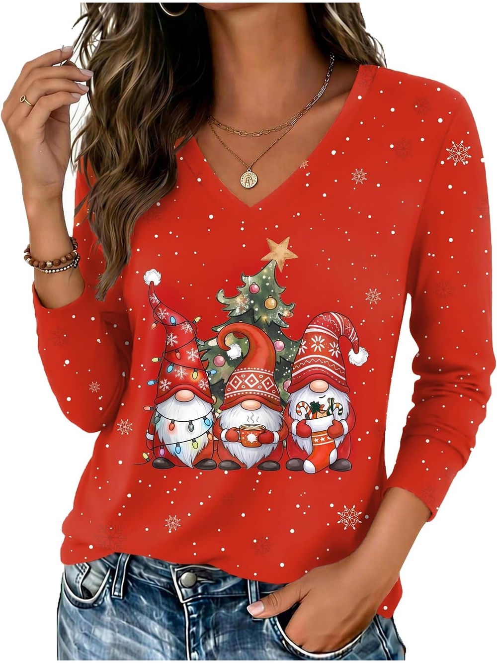 Women's Christmas Gnomes V Neck Long Sleeve Basic Tee Fall Outfits Printed Tops